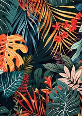 Poster - Tropical Leaf Pattern With Orange And Red Flowers Illustration