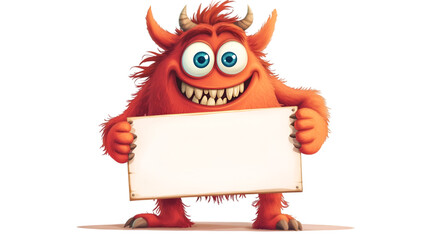 Cartoon red monster character holding a blank sign  isolated on transparent background