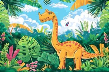 Wall Mural - Cute Cartoon Dinosaur In Lush Jungle