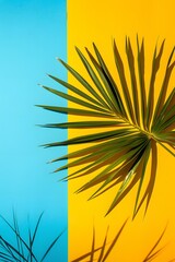 Wall Mural - Tropical Palm Leaf on Blue and Yellow Background