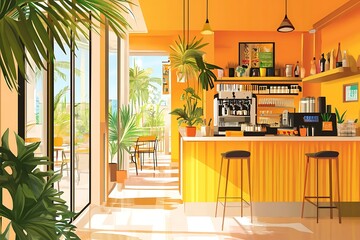 Canvas Print - Yellow Cafe Illustration with Palm Trees