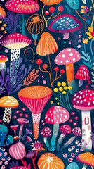 Wall Mural - Colorful Mushroom Illustration With Dark Blue Background