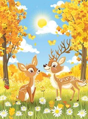 Wall Mural - Cute Couple of Deer in Autumn Forest Illustration