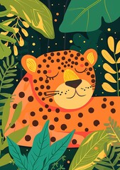 Poster - Sleeping Leopard Illustration with Tropical Leaves Background