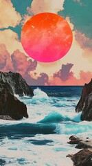 Poster - Sunset Collage Art with Red Sun over Ocean Waves