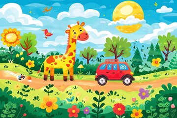 Poster - Cartoon Illustration Of Giraffe And Car In A Summer Forest