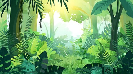 Canvas Print - Green Lush Jungle Forest Background Illustration