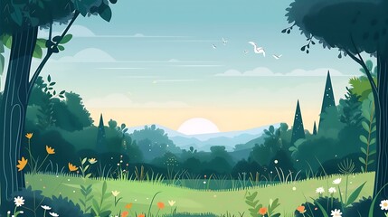 Poster - Beautiful Summer Sunrise Forest Illustration