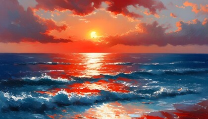 Vibrant seascape illuminated by a radiant sun surrounded by stunning natural beauty in rich red hues