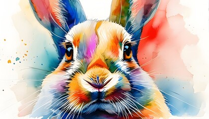 Wall Mural - Vibrant Watercolor Rabbit Face on Clean White Canvas