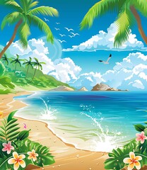 Poster - Tropical Beach Landscape with Palm Trees and Ocean