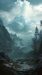 Wall Mural - Misty Mountain Landscape Digital Art