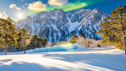 Wall Mural - Snowy Mountain Landscape with Ice Wall and Road