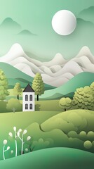 Wall Mural - Vertical 3d paper cut forest landscape mountain paper cut style natural landscape scene illustration