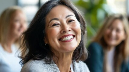 Wall Mural - Mature asian woman smiling warmly while engaging in conversation with friends in a cozy indoor setting during a social gathering