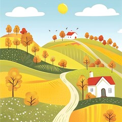 Sticker - Autumn Landscape Illustration with Winding Road and Two Houses