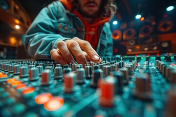 A sound engineer adjusts audio levels on a professional mixing console in a vibrant music studio during evening recording sessions