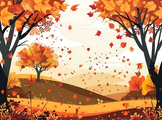 Canvas Print - Autumn Landscape with Falling Leaves