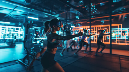 Fitness people using VR goggles in a virtual gym with holographic guides for workout routines.