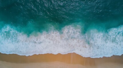 Sticker - Aerial View of Ocean Waves Crashing on Sandy Beach