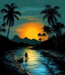 Wall Mural - Silhouette of a Man Standing in a River at Sunset in a Tropical Setting