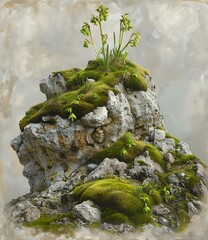 Canvas Print - Green Plant Growing on Rock Formation