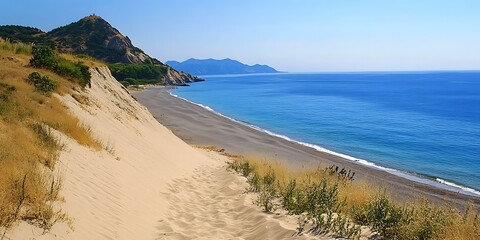 Poster - Sandy Beach and Mountains with Blue Ocean