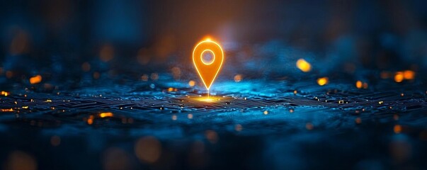 Abstract location marker on blue digital background with light effects.