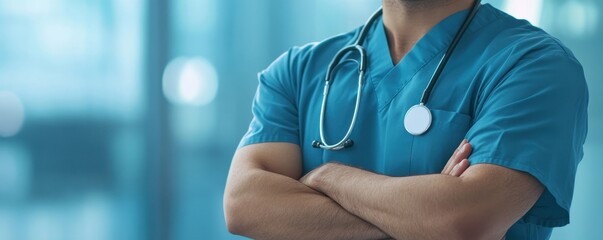 Wall Mural - Closeup of a healthcare professional in scrubs with arms crossed and a stethoscope around their neck,Doctor against a blurred background of medical staff in a hospital,clinic setting,Healthcare.