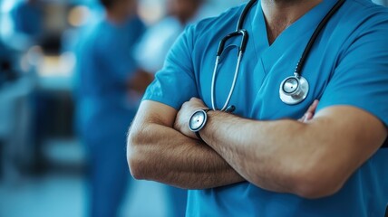 Closeup of a healthcare professional in scrubs with arms crossed and a stethoscope around their neck,Doctor against a blurred background of medical staff in a hospital,clinic setting,Healthcare.