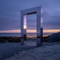 Reflective Metal Frame on a Beach with a Sunset View