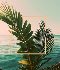 Wall Mural - Tropical Palm Leaves Overlapping With Water Frame