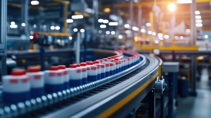 Wall Mural - A factory assembly line with bottles on a conveyor belt under bright lighting, illustrating industrial production and efficiency.