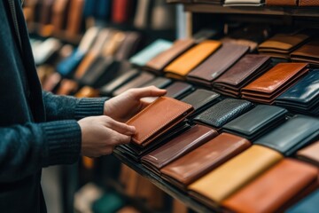 Shopper exploring a collection of premium, handmade leather wallets in a boutique accessories store.