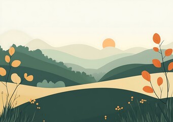 Wall Mural - Minimalist Illustration of a Green Mountain Landscape with a Sunset