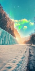 Poster - Aurora Borealis Over Snowy Mountain Range