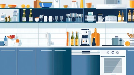 Wall Mural - Modern Kitchen Illustration with Blue Cabinets and Appliances