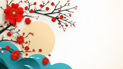 Wall Mural - National Foundation Day Japan. Blooming sakura and huge sun. Flat illustration. Horizontal banner. Copy space. Festive poster, greeting card