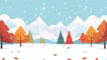 Poster - Winter Landscape with Snowy Mountains and Falling Snowflakes