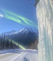 Canvas Print - Aurora Borealis Over Snowy Mountains and Icicles