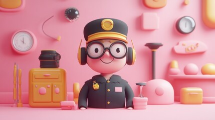 A cheerful cartoon character in a uniform, surrounded by colorful geometric shapes and objects.