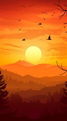 Wall Mural - Sunset Sky Silhouette Landscape Illustration