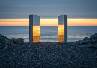 Poster - Reflective Structures on a Pebble Beach at Sunset