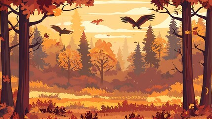 Wall Mural - Autumn Forest Landscape Illustration with Birds