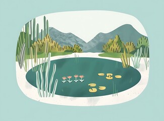 Sticker - Mountain Landscape with Pond and Flowers