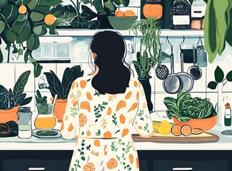 Wall Mural - Woman Cooking in a Kitchen with Plants and Oranges