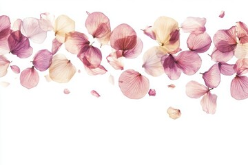 Colorful flower petals scattered on a white isolate background.