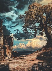 Wall Mural - Scenic View of a Rocky Coastline with a Tree and Cloudy Sky