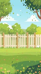 Poster - Green Grassy Garden with White Picket Fence