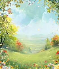 Sticker - Springtime Landscape with Flowers and Butterflies